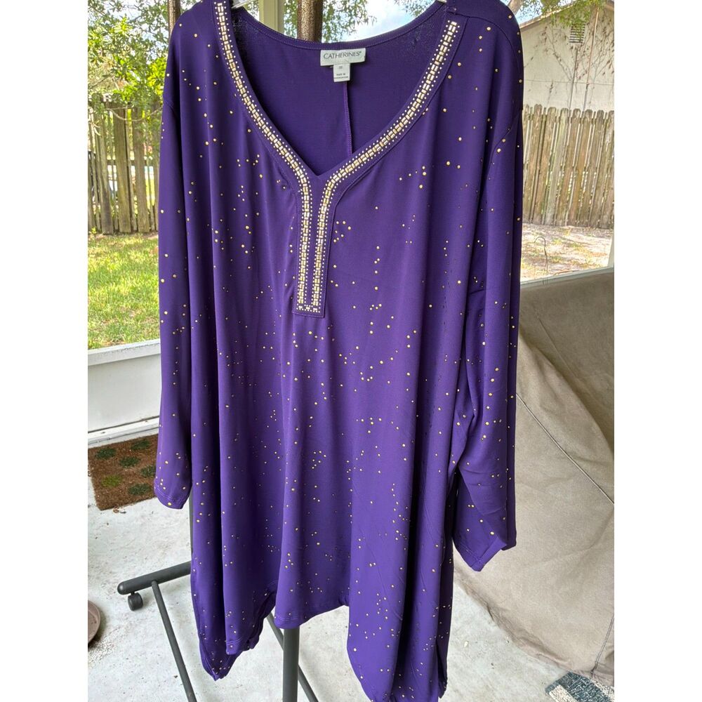 Catherine's 3X Metallic Dot Sharkebite Hem Studded V-Neck 3/4 Sleeve Purple Soft